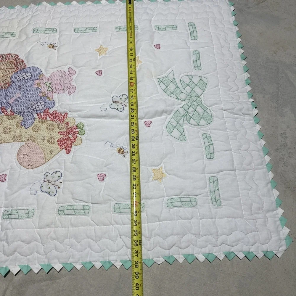 Finished Cross Stitch Baby Quilt Blanket Comforter Green Minky Animals 56